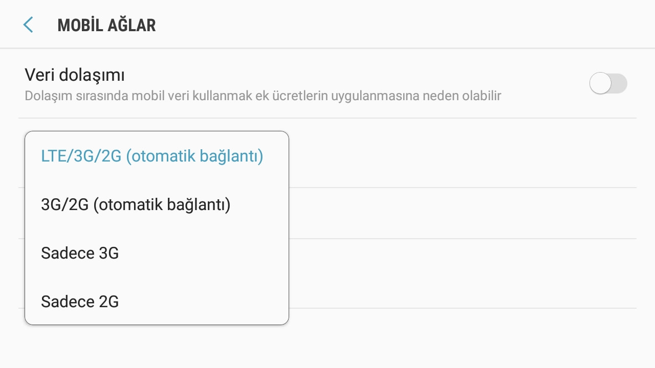 mobil ağ seçim ekranı